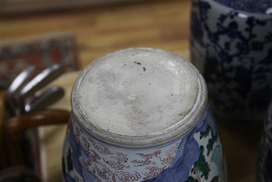 A pair of 19th century Chinese blue and white vases and a wucai jar, repaired 49, 46, 29.5cm